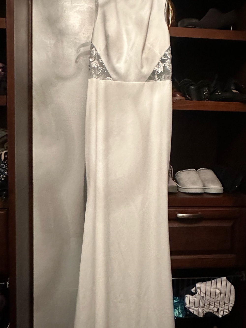 Elegant White Satin Evening Dress with Floral Lace Insets